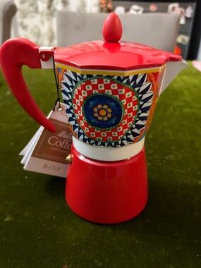 Brandani Red Patterned Stovetop Moka Pot Coffee Maker - Decorative Red Finish